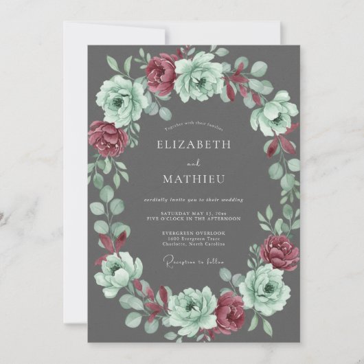 Invitation Mariage Charbon Menthe Fleur (Devant)