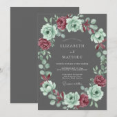 Invitation Mariage Charbon Menthe Fleur (Devant / Derrière)