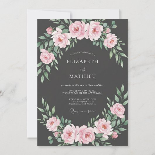 Invitation Mariage Charbon Rose Feuillu (Devant)