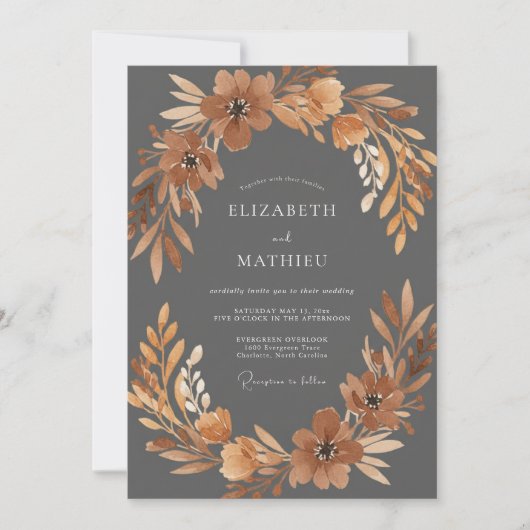 Invitation Mariage Charbon Terre Cuite Fleur (Devant)
