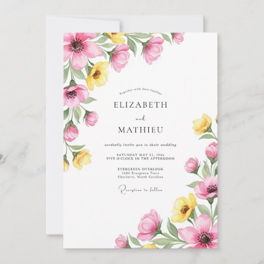 Invitation Mariage Charmant de Printemps Rose Jaune (Devant)