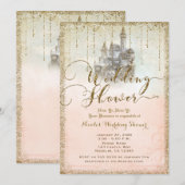 Invitation Mariage Château de Conte de Fées Pailleté Or (Devant / Derrière)