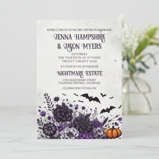 Invitation Mariage chauves-souris et fleurs (Debout devant)