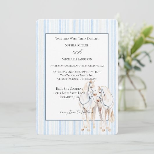 Invitation Mariage Chevaux Blancs Bleu Bébé Rayures (Debout devant)