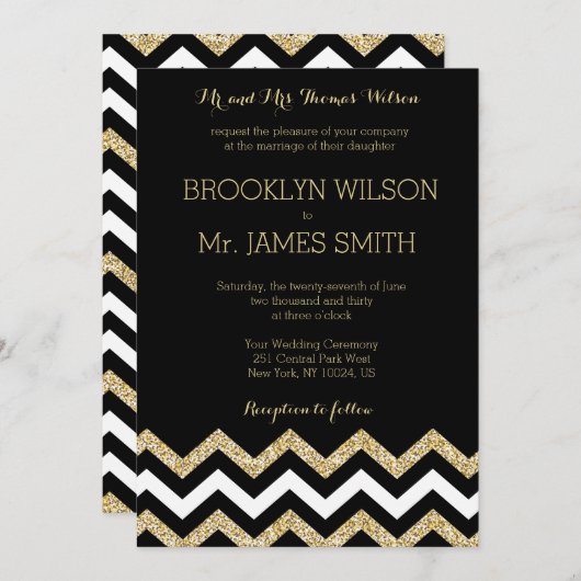 Invitation Mariage Chevron élégant invite Black Gold White (Devant / Derrière)