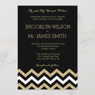 Invitation Mariage Chevron élégant invite Black Gold White