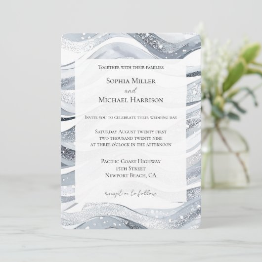 Invitation Mariage Chic Argent Étincelle (Debout devant)