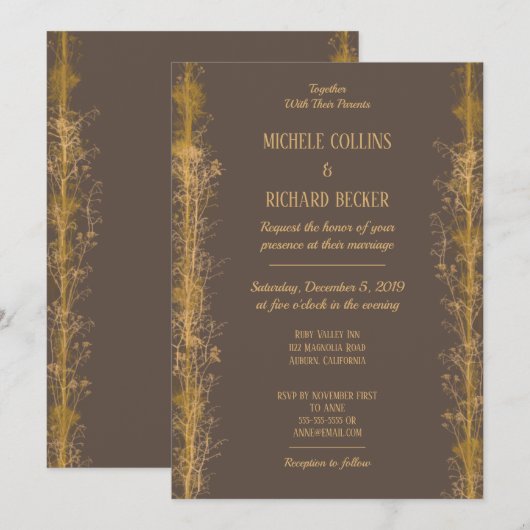 Invitation Mariage Chic avec Bordure Botanique Or (Devant / Derrière)