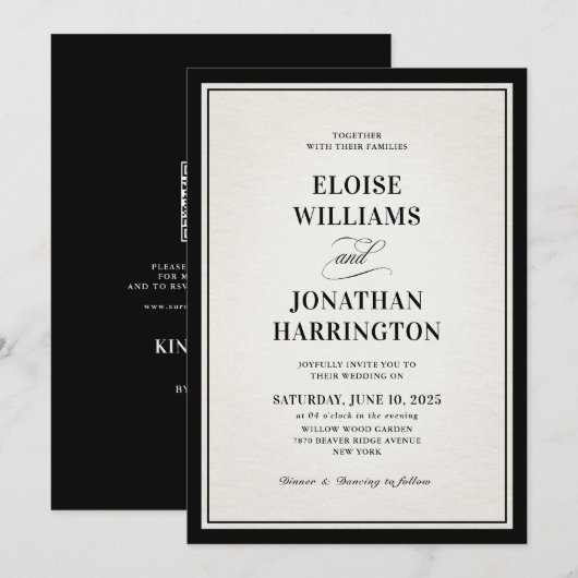 Invitation Mariage chic avec code QR noir moderne et argent a (Devant / Derrière)