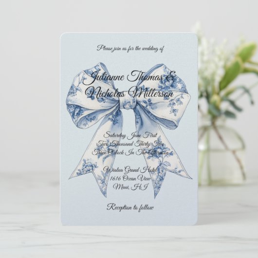 Invitation Mariage Chic Blanc Bleu Clair Ruban (Debout devant)