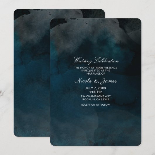 Invitation Mariage chic bleu d'humeur à l'aquarelle moderne (Devant / Derrière)