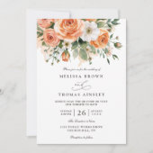 Invitation Mariage chic bohème avec fleurs blanches et pêche (Devant)