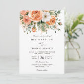 Invitation Mariage chic bohème avec fleurs blanches et pêche (Debout devant)