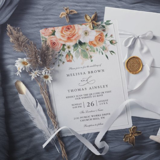 Invitation Mariage chic bohème avec fleurs blanches et pêche