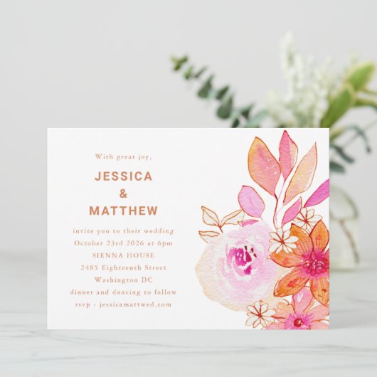 Invitation Mariage Chic Bohème Fleurs Rose Orange Aquarelle (Debout devant)