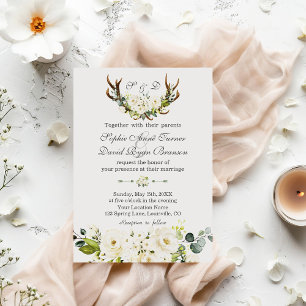 Invitation Mariage Chic Boho White Cream Fleurs Antlers