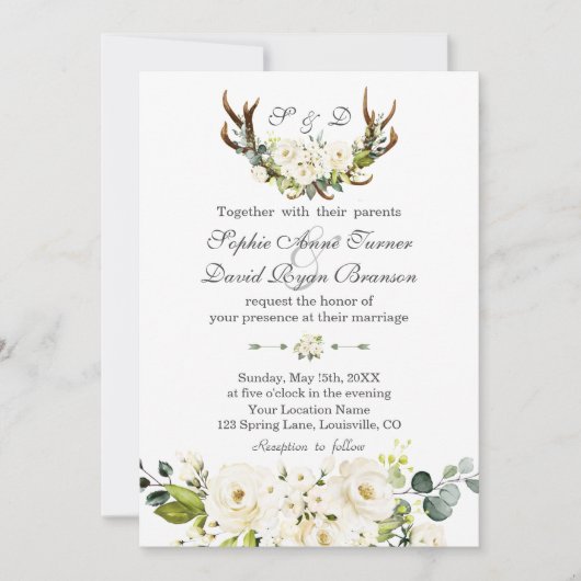 Invitation Mariage Chic Boho White Cream Fleurs Antlers (Devant)
