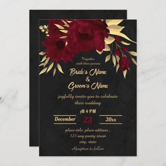 Invitation Mariage chic bordeaux et or noir (Devant / Derrière)