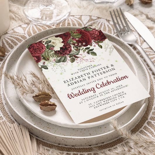 Invitation Mariage Chic Bourgogne & Fleurs Blanches 