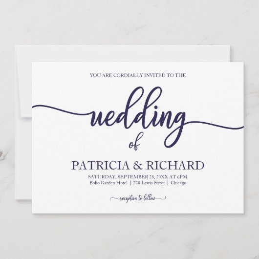 Invitation Mariage chic calligraphie bleu marine blanc (Devant)