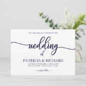 Invitation Mariage chic calligraphie bleu marine blanc (Debout devant)
