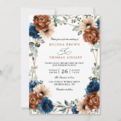Invitation Mariage chic code QR bleu marine végétation Terrac (Devant)