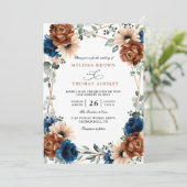 Invitation Mariage chic code QR bleu marine végétation Terrac (Debout devant)
