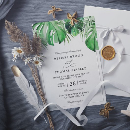 Invitation Mariage chic code QR feuille de palmier aquarelle 