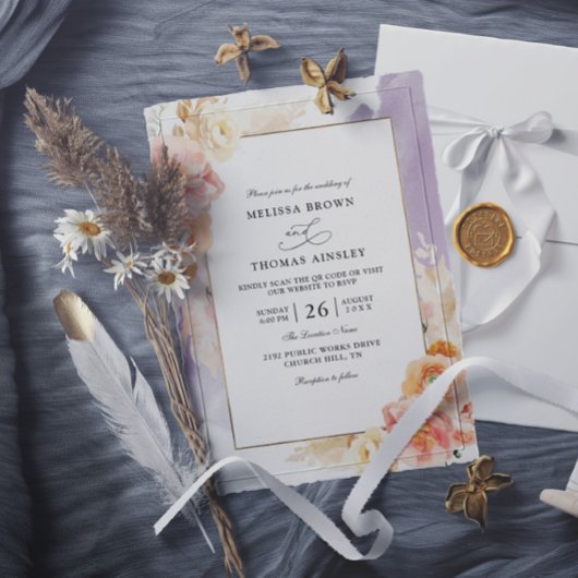 Invitation Mariage chic code QR floral rose pêche à petit bud