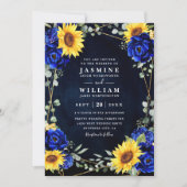 Invitation Mariage chic code QR tournesols rustiques bleu roy (Devant)