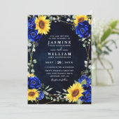 Invitation Mariage chic code QR tournesols rustiques bleu roy (Debout devant)