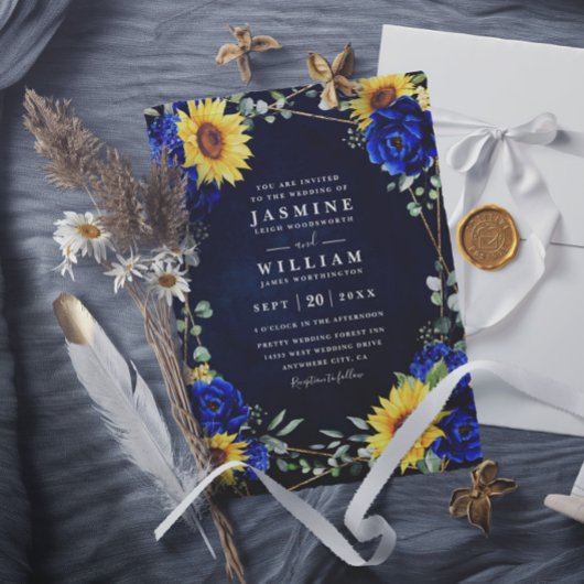 Invitation Mariage chic code QR tournesols rustiques bleu roy