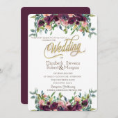 Invitation Mariage chic de fleurs bordeaux (Devant / Derrière)