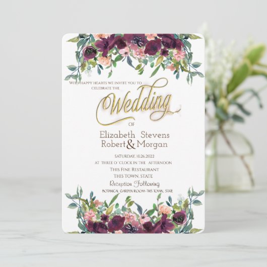 Invitation Mariage chic de fleurs bordeaux (Debout devant)