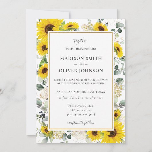 Invitation Mariage Chic de tournesol jaune Floral Gold Frame (Devant)