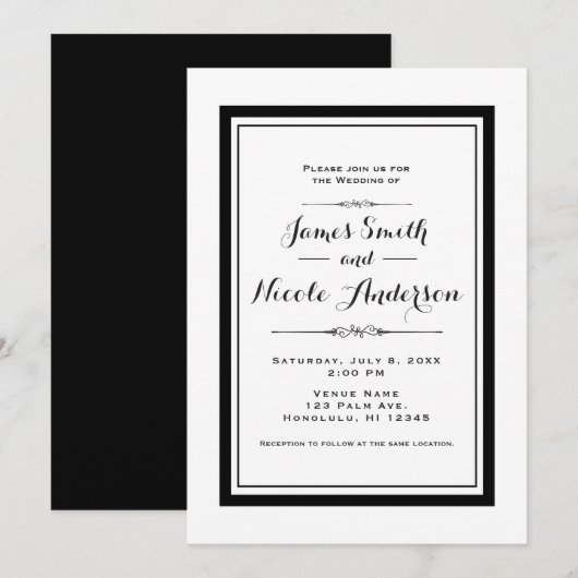 Invitation Mariage chic élégant blanc et noir Couture (Devant / Derrière)