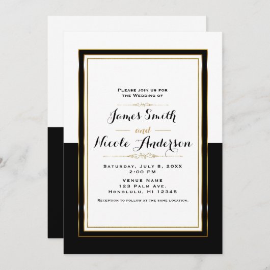 Invitation Mariage chic élégant moitié noir blanc et or (Devant / Derrière)