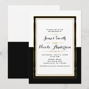 Invitation Mariage chic élégant noir blanc et or