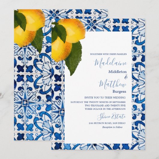 Invitation  Mariage Chic et Élégant Carrelage Citron Bleu  (Devant / Derrière)