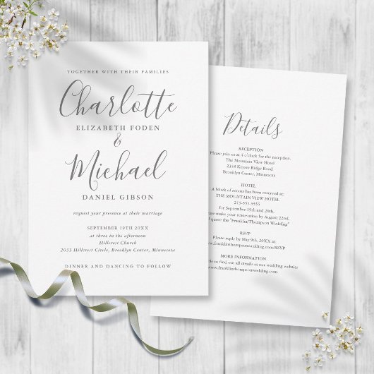 Invitation Mariage chic et simple gris et blanc en une seule