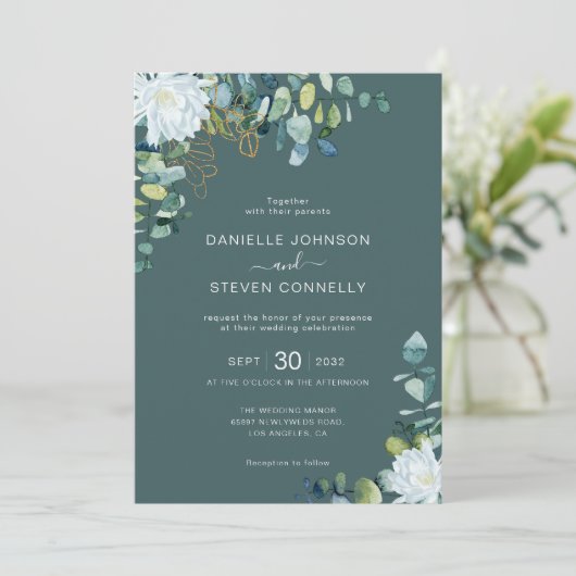 Invitation Mariage chic eucalyptus verdure blanc fleurs (Debout devant)