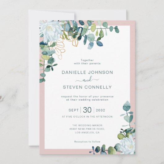 Invitation Mariage chic eucalyptus verdure blanc fleurs (Devant)
