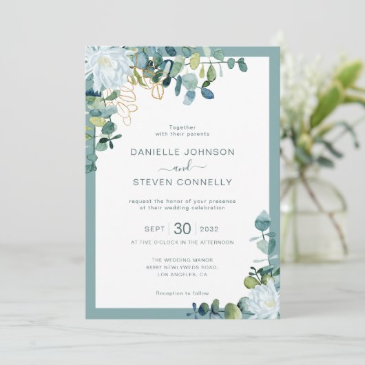 Invitation Mariage chic eucalyptus verdure blanc fleurs (Debout devant)
