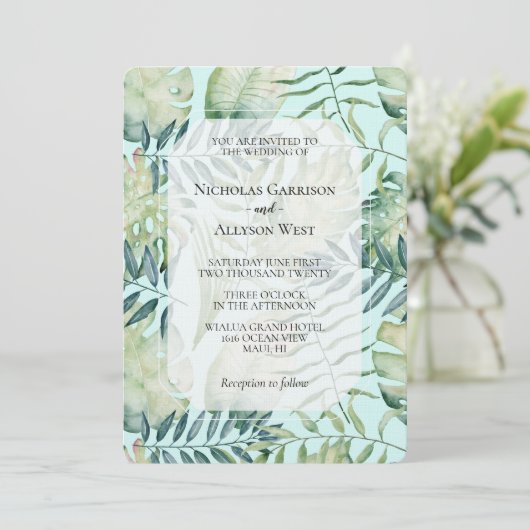 Invitation Mariage chic feuilles vertes tropicales menthe (Debout devant)