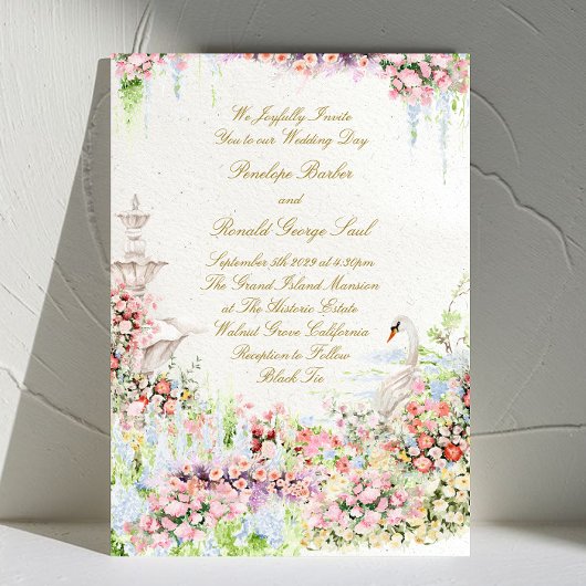 Invitation mariage chic floral romantique avec cygne calligra