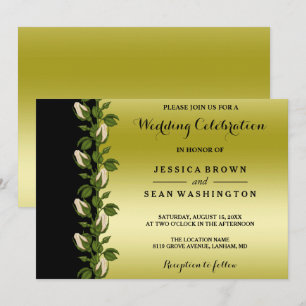 Invitation Mariage chic floral, romantique or et noir