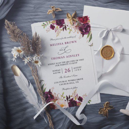 Invitation Mariage chic floral rouge Bourgogne à budget Code 