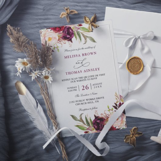 Invitation Mariage chic floral rouge Bourgogne à budget code