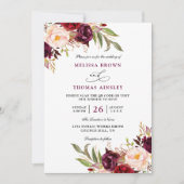 Invitation Mariage chic floral rouge Bourgogne à budget code (Devant)