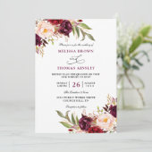 Invitation Mariage chic floral rouge Bourgogne à budget code (Debout devant)